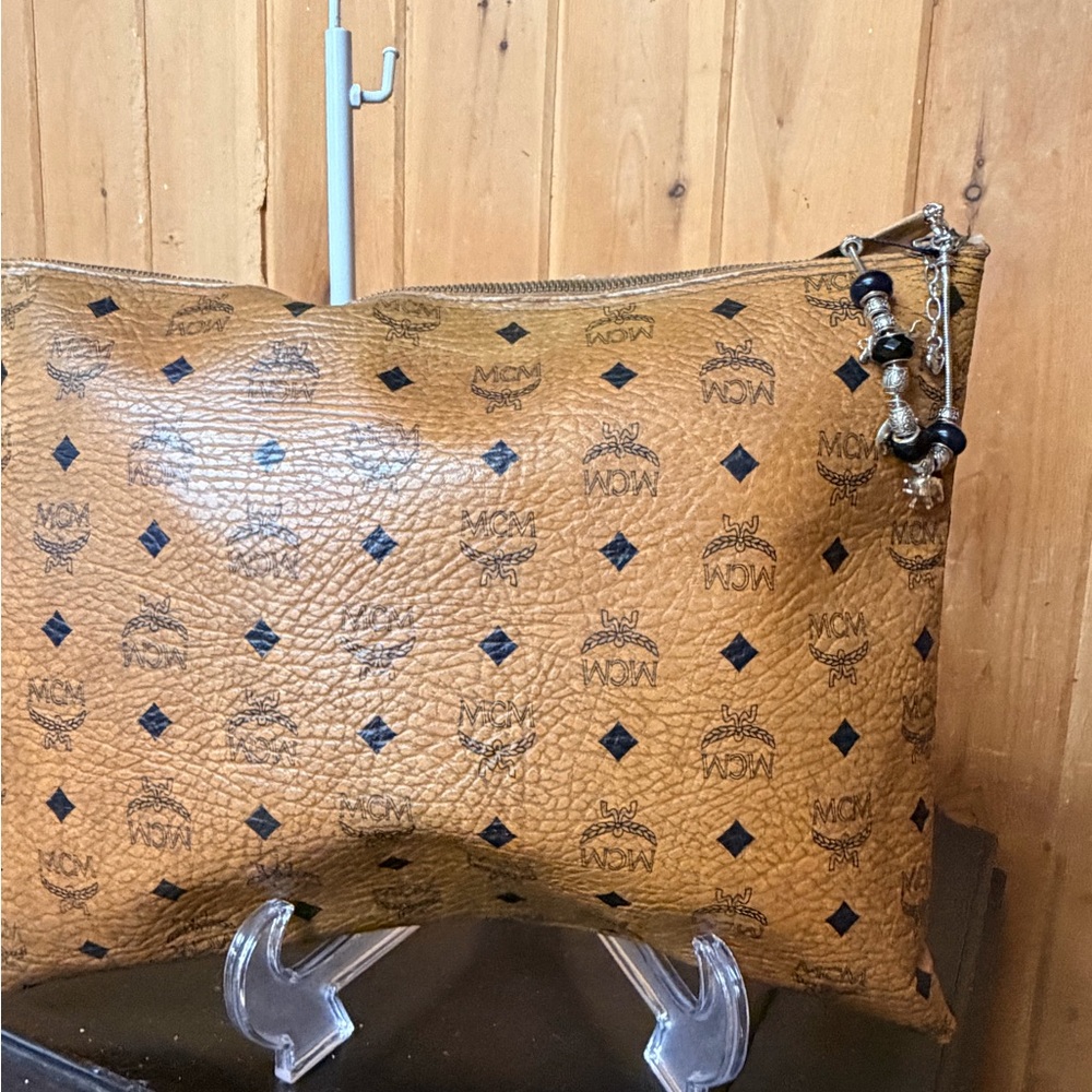 Authentic vintage MCM Tan Leather Toiletry Bag with pandora style bracelet